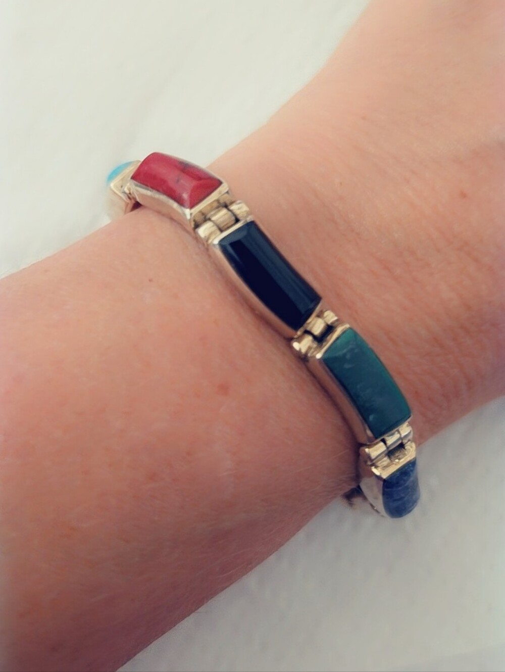 Estate Multi Stone Gemstone Bracelet Sterling Silver 925